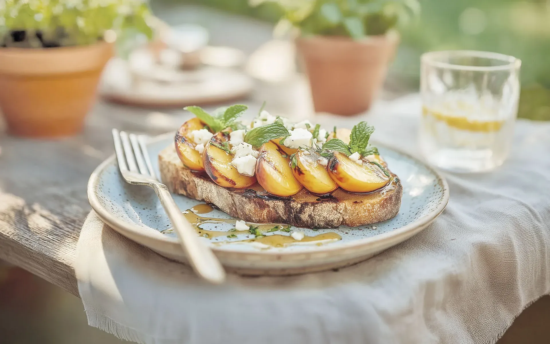 Älbler Steinofenbrot mit gegrilltem Pfirsich, Feta und Minze, angerichtet