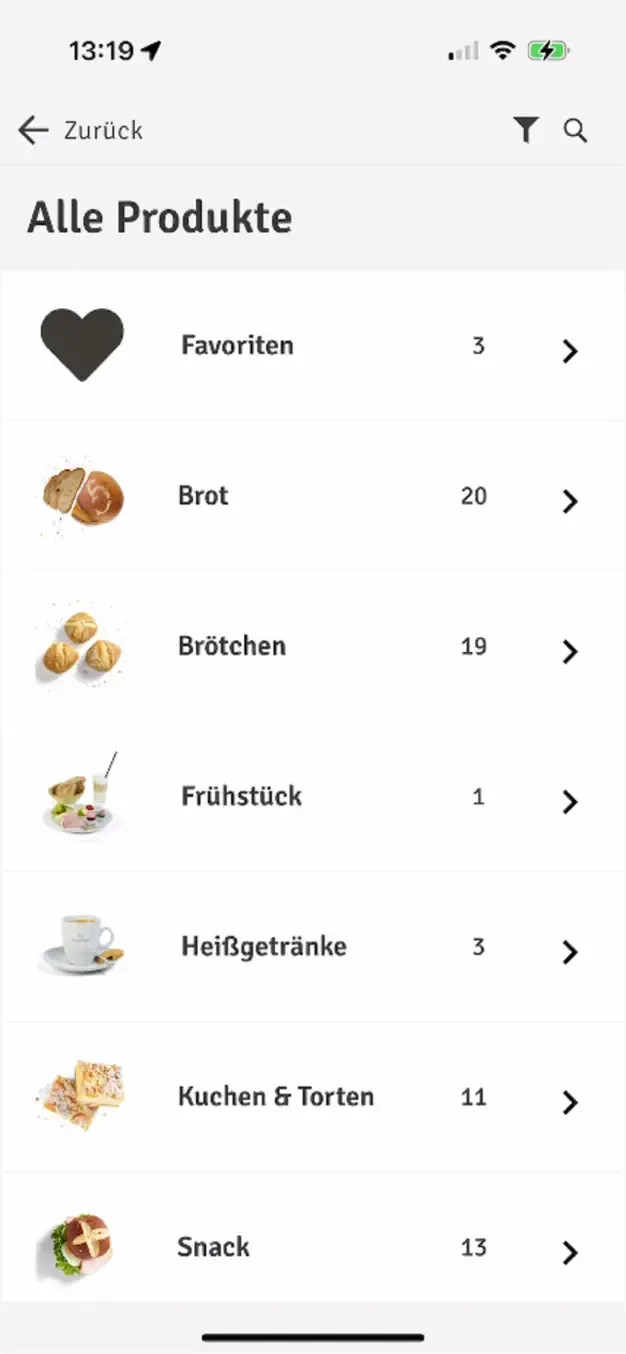 Bildschirm „Alle Produkte" in der Maurer-App: Warengruppen Brot, Brötchen, Frühstück, Heißgetränke, Kuchen und Snack mit Anzahl
