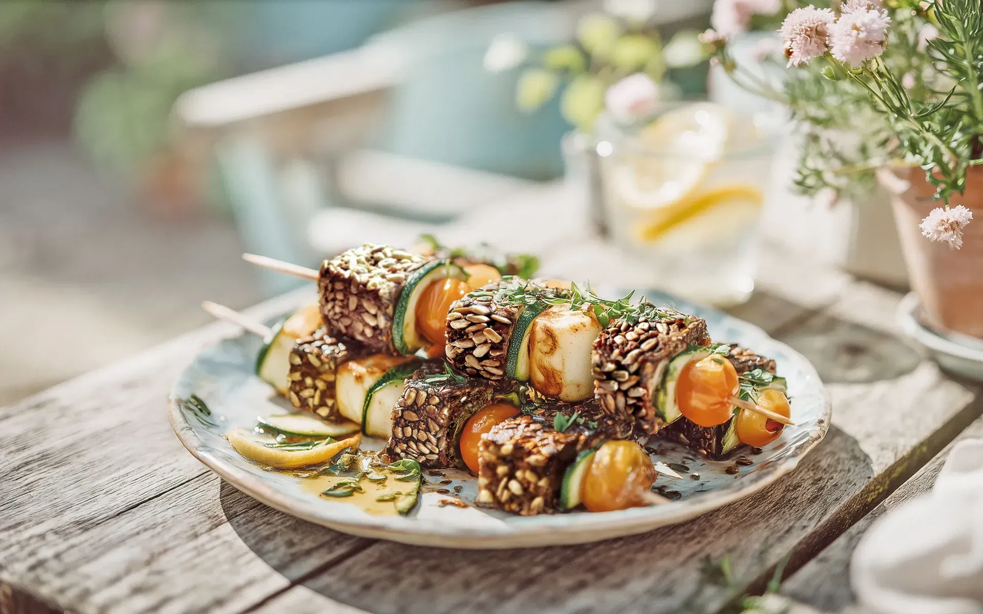 Dinkelwürfel-Grillspießchen mit Käse und Gemüse, angerichtet
