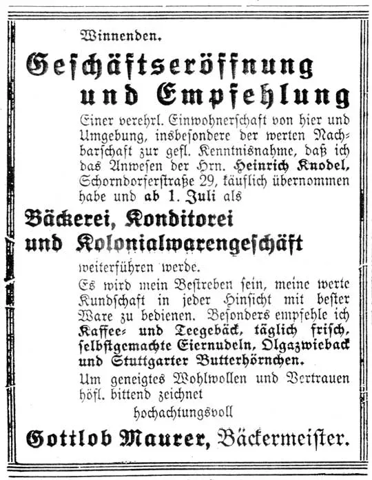 Eröffnungsanzeige von Gottlob Maurer für die Bäckerei, Konditorei und den Kolonialwarenladen im Jahr 1931