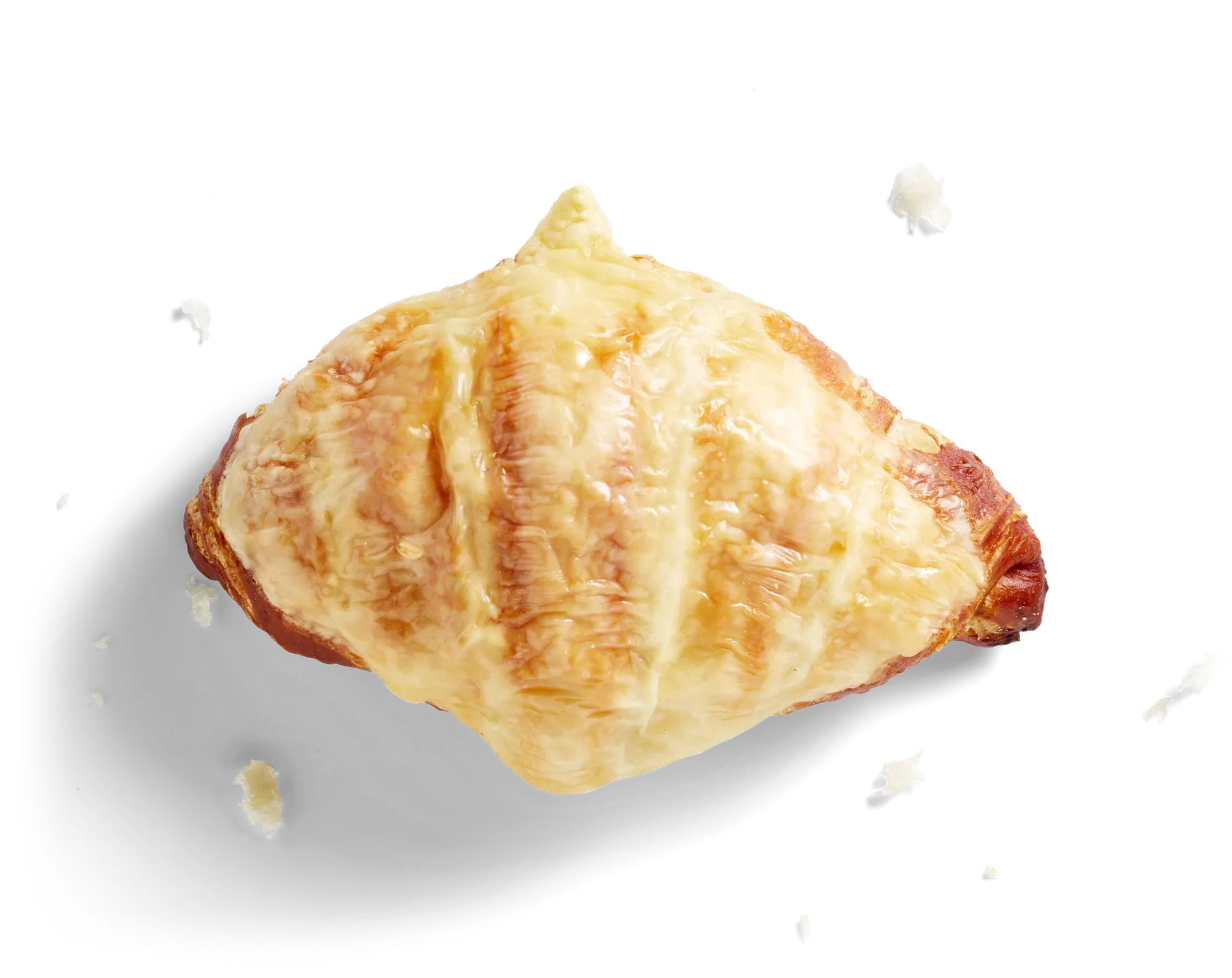Laugen-Buttercroissant mit Käse überbacken, freigestellt von oben