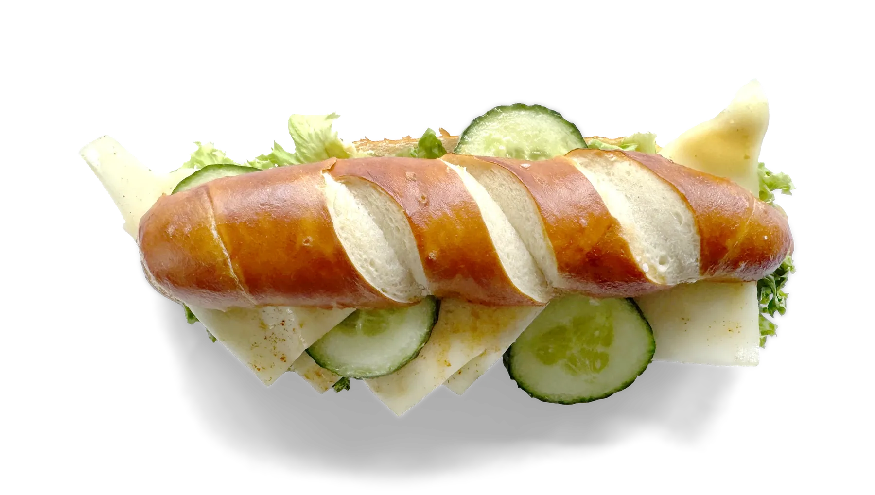 Laugenstange mit Käse, freigestellt von oben