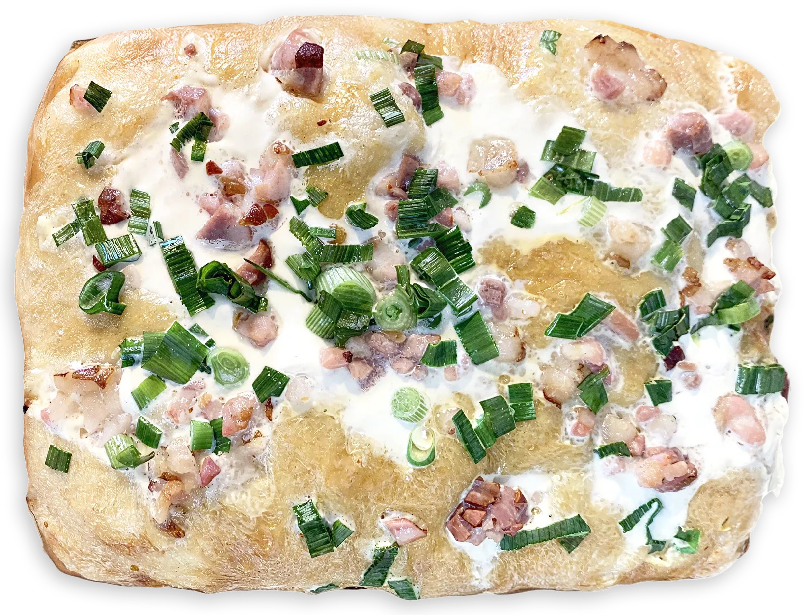 Schwäbischer Flammkuchen, freigestellt von oben